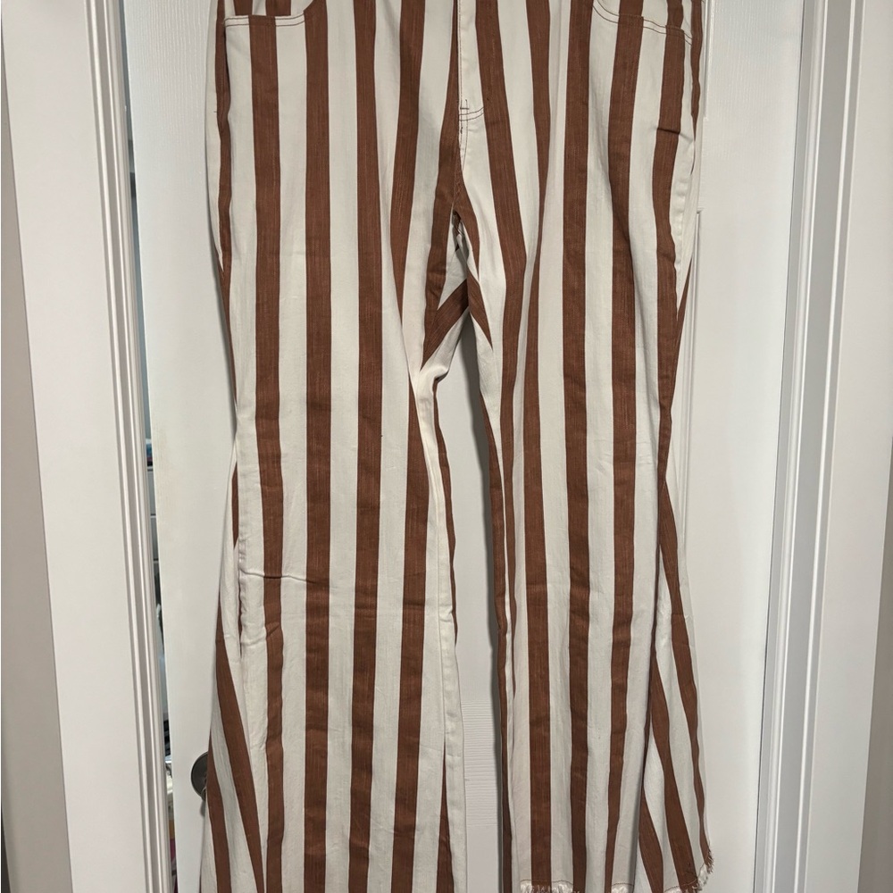 Brown and White Striped Flare Jeans